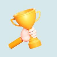 Cartoon character hand holding victory prize cup trophy. 3d illustration photo