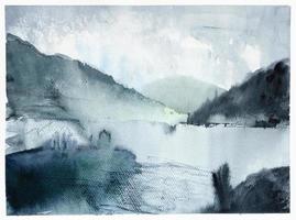 handdrawn view of fjord in Norway at summer dusk photo