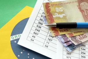 Pen with Brazilian money bills on blank of lottery game. Concept of luck and gambling in Brazil photo