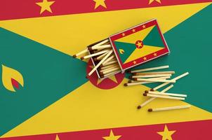 Grenada flag  is shown on an open matchbox, from which several matches fall and lies on a large flag photo