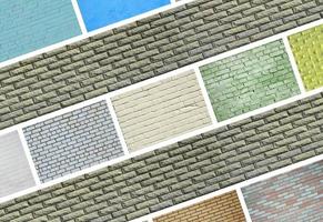 A collage of many pictures with fragments of brick walls of different colors close-up. Set of images with varieties of brickwork photo