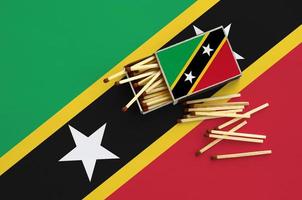 Saint Kitts and Nevis flag  is shown on an open matchbox, from which several matches fall and lies on a large flag photo