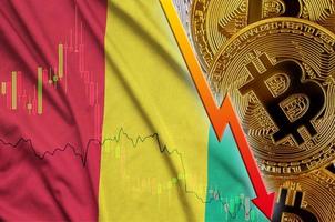 Guinea flag and cryptocurrency falling trend with many golden bitcoins photo