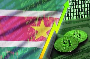 Suriname flag and cryptocurrency growing trend with two bitcoins on dollar bills and binary code display photo