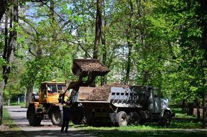 el equipo de mejora de la ciudad quita las hojas caídas en el parque con una excavadora y un camión. trabajo estacional regular en la mejora de los lugares públicos para la recreación foto