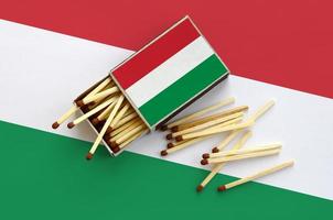 Hungary flag  is shown on an open matchbox, from which several matches fall and lies on a large flag photo
