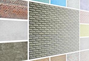 A collage of many pictures with fragments of brick walls of different colors close-up. Set of images with varieties of brickwork photo