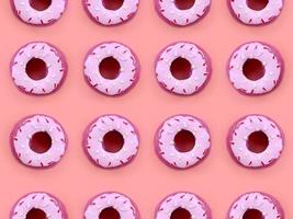 Many small plastic donuts lies on a pastel colorful background. Flat lay minimal pattern. Top view photo
