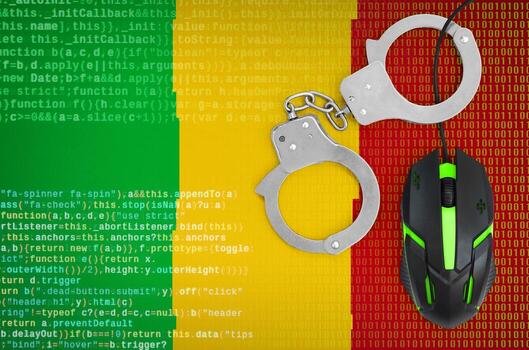 Mali flag  and handcuffed computer mouse. Combating computer crime, hackers and piracy photo