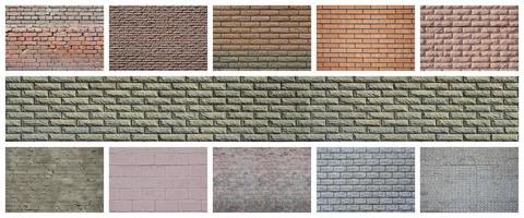 A collage of many pictures with fragments of brick walls of different colors close-up. Set of images with varieties of brickwork photo