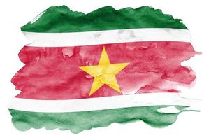 Suriname flag  is depicted in liquid watercolor style isolated on white background photo