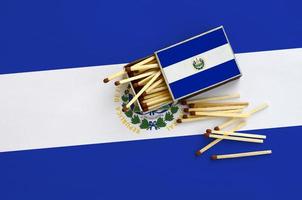 El Salvador flag  is shown on an open matchbox, from which several matches fall and lies on a large flag photo