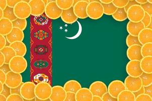 Turkmenistan flag  in fresh citrus fruit slices frame photo