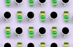 un patrón de muchos macarrones de pastel de postre colorido y tazas de café en la vista superior de fondo lila pastel de moda foto