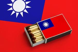 Taiwan flag  is shown in an open matchbox, which is filled with matches and lies on a large flag photo