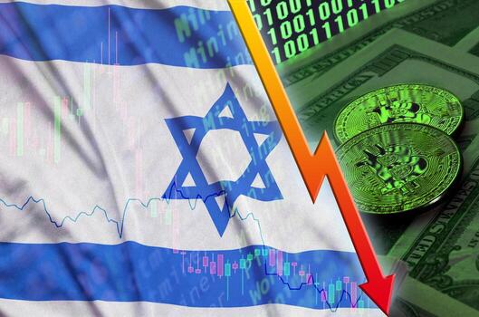 bandera de israel y tendencia de caída de criptomonedas con dos bitcoins en billetes de dólar y visualización de código binario foto