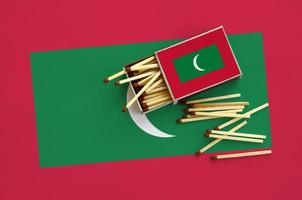 Maldives flag  is shown on an open matchbox, from which several matches fall and lies on a large flag photo