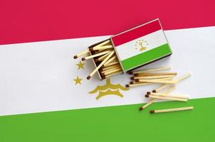 Tajikistan flag  is shown on an open matchbox, from which several matches fall and lies on a large flag photo