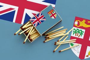 Fiji flag  is shown on an open matchbox, from which several matches fall and lies on a large flag photo