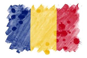 Romania flag  is depicted in liquid watercolor style isolated on white background photo