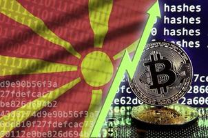 Macedonia flag and rising green arrow on bitcoin mining screen and two physical golden bitcoins photo