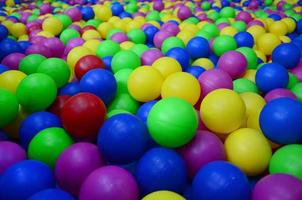 Many colorful plastic balls in a kids' ballpit at a playground. Close up pattern photo