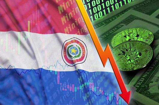 bandera de paraguay y tendencia de caída de criptomonedas con dos bitcoins en billetes de dólar y visualización de código binario foto