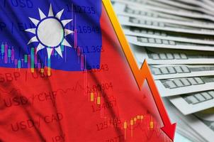 Taiwan flag and chart falling US dollar position with a fan of dollar bills photo