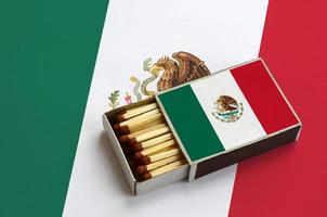 Mexico flag  is shown in an open matchbox, which is filled with matches and lies on a large flag photo