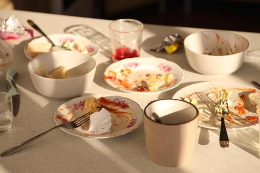 Empty dirty plates with spoons and forks on the table after meal. Banquet ending concept. Unwashed dishes photo