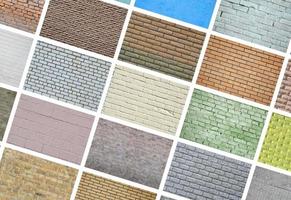 A collage of many pictures with fragments of brick walls of different colors close-up. Set of images with varieties of brickwork photo