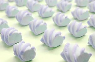Colorful marshmallow laid out on lime paper background. pastel creative textured pattern photo