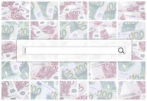 la cadena de búsqueda se encuentra en la parte superior del collage de muchas imágenes de cientos de dólares y billetes en euros amontonados foto