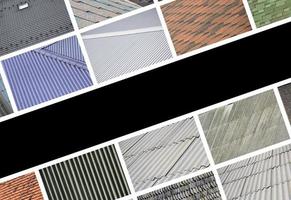 A collage of many pictures with fragments of various types of roofing close up. A set of images with roof coating textures photo