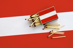 Austria flag  is shown on an open matchbox, from which several matches fall and lies on a large flag photo
