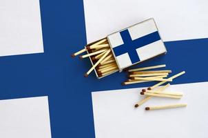 Finland flag  is shown on an open matchbox, from which several matches fall and lies on a large flag photo