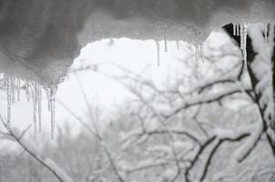 Several icicles are located above the blurred winter view from the window photo