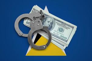 Saint Lucia flag  with handcuffs and a bundle of dollars. Currency corruption in the country. Financial crimes photo