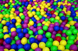 Many colorful plastic balls in a kids' ballpit at a playground. Close up pattern photo