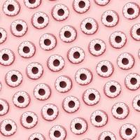 Many small plastic donuts lies on a pastel colorful background. Flat lay minimal pattern. Top view photo
