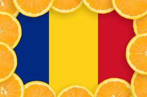 Romania flag  in fresh citrus fruit slices frame photo