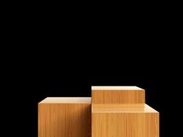 podio de madera cosmética aislado en fondo negro. plantilla para la presentación del producto. representación 3d foto