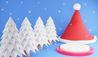 podio de representación 3d para exhibición de productos y árbol de navidad y sombrero de santa sobre fondo de copos de nieve, concepto de festival de navidad de ilustración 3d foto