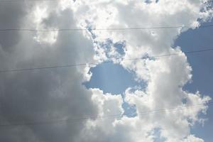 Celestial landscape. Thin wires against cloudy sky. photo