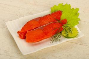 Salted salmon on the plate and wooden background photo