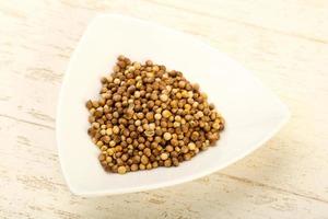 Coriander seeds in a bowl on wooden background photo