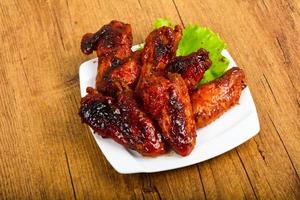 Chicken wings on the plate and wooden background photo