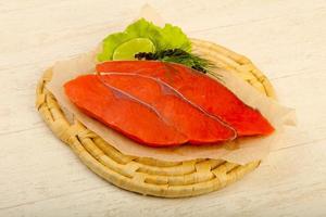 Salted salmon on wooden board and wooden background photo