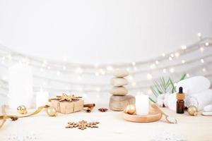 Christmas healthy lifestyle. Spa treatment and relaxation concept on white background. Close up, copy space photo