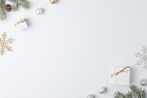 Christmas decorations with gifts on white background. Flat lay, copy space photo